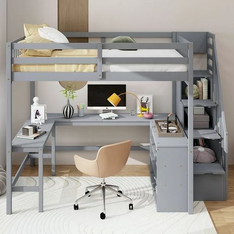 Euroco Wood Full Loft Bed with Desk, Shelf and Storage Staircase for Kids Bedroom, Gray - Walmart.com Lofted Full Size Bed With Desk, Loft Bed With Desk For Boys, Loft Bed With Chest Of Drawers, Full Size Loft Beds With Desk, Ikea Full Loft Bed, Teenage Room Furniture, Boys Bed And Desk, Cabin Beds For Teenagers, Wooden Loft Bed