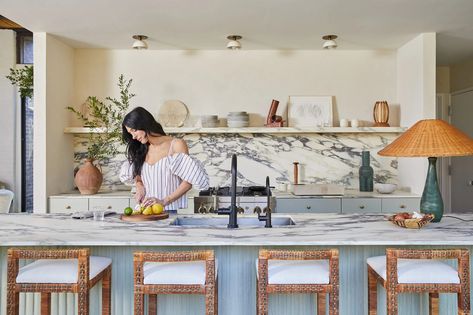 Shop Kitchen Shelves Décor From Athena Calderone's Amagansett Home | EyeSwoon Eye Swoon, Kitchen Shelf Styling, Neutral Bedroom Design, Athena Calderone, Kitchen Shelf Decor, Marble Island, Modern Townhouse, White Paint Colors, Shop Kitchen