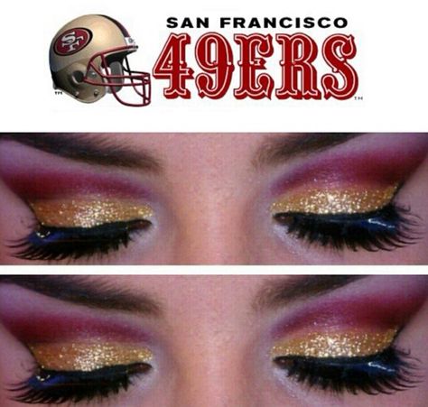 49ers Eye Makeup 49ers Makeup, 49ers Face Paint, 49ers Makeup Look, 49er Makeup Ideas, 49ers Makeup Ideas, Football Makeup, Niners Girl, Football Nail Art, Forty Niners