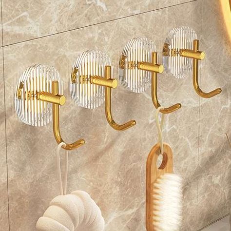 Gold And White Bathroom, Dorm Room Bathroom Ideas, Room Bathroom Ideas, Dorm Room Bathroom, Gold Hangers, Coat Hooks Wall Mounted, White Bathroom Decor, Adhesive Wall Hooks, Wall Mounted Hooks