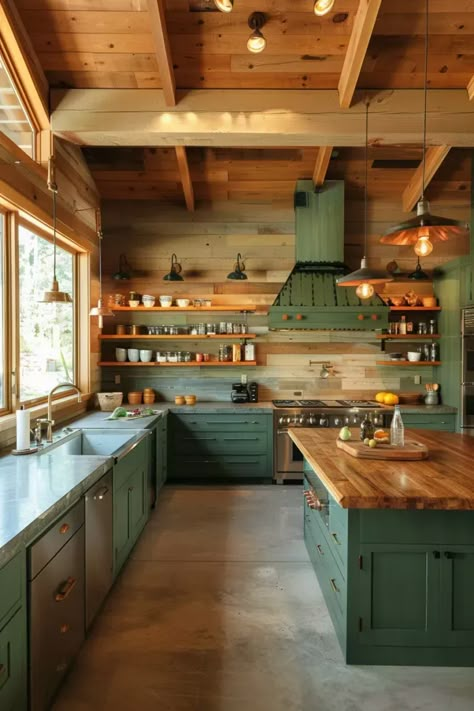 Kitchens With Green Cabinets, Barn Style House Plans, Cabin Kitchen, Cabin Kitchens, Cabin Interiors, Farm Kitchen, Green Cabinets, Industrial Kitchen, Barn House Plans