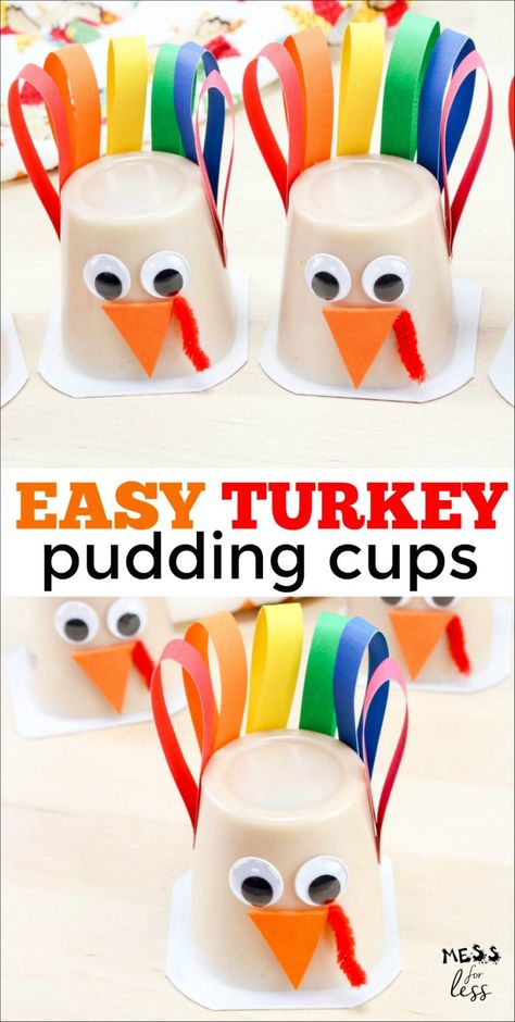 These Turkey Pudding Cups are perfect for a classroom snack for a Thanksgiving party. You can also easily make these for your own Thanksgiving celebration. #Thanksgiving #ThanksgivingSnack Plate Turkey Craft, Turkey Craft For Kids, Pilgrim Crafts, Paper Plate Turkey, Classroom Snacks, Thanksgiving Crafts For Toddlers, Kids Mess, Class Treats, Thanksgiving Snacks