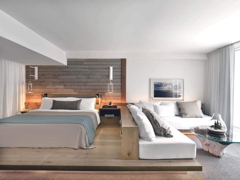 Get Bedroom Design Ideas From This Hotel Room With A Wood Platform And Built-In Sofa 1 Hotel South Beach, Modern Hotel Room, Built In Sofa, 1 Hotel, Hotel Room Design, Dekorasi Kamar Tidur, Yellow Bedroom, Hair Raising, Modern Hotel