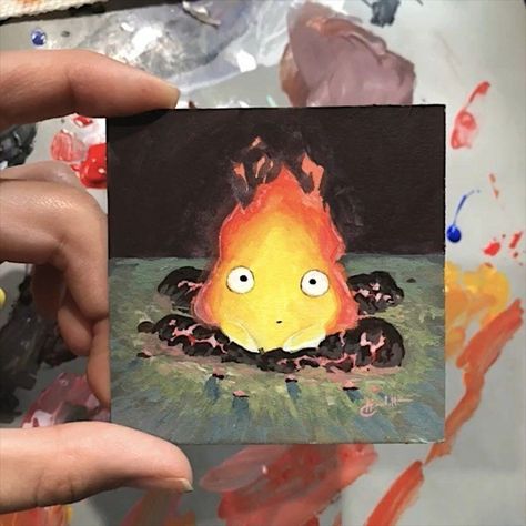 Calcifer Art, Castle Painting, Ghibli Artwork, Small Canvas Paintings, 강아지 그림, Simple Canvas Paintings, Studio Ghibli Art, Ghibli Art, Small Canvas Art