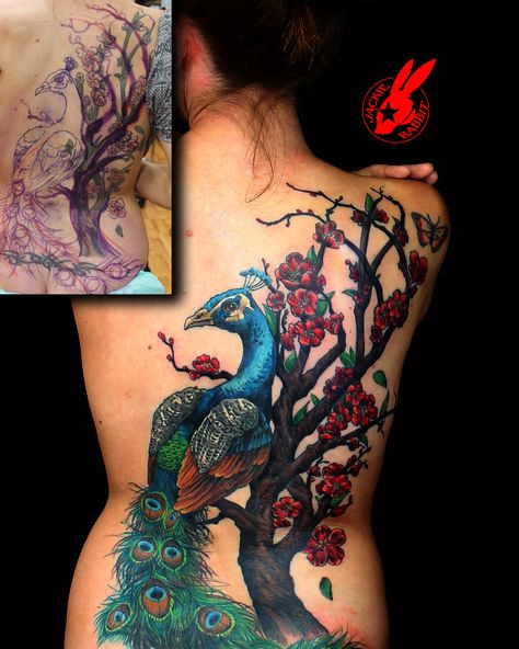 Peacock Cherry Blossom Cover Up Back Tattoo by Jackie Rabbit | Flickr - Photo Sharing! Tattoo Sites, Peacock Tattoo, Rabbit Tattoos, Tattoo Now, Make Tattoo, Blossom Tattoo, Cherry Blossom Tattoo, Back Tattoo Women, Tattoo Cover-up