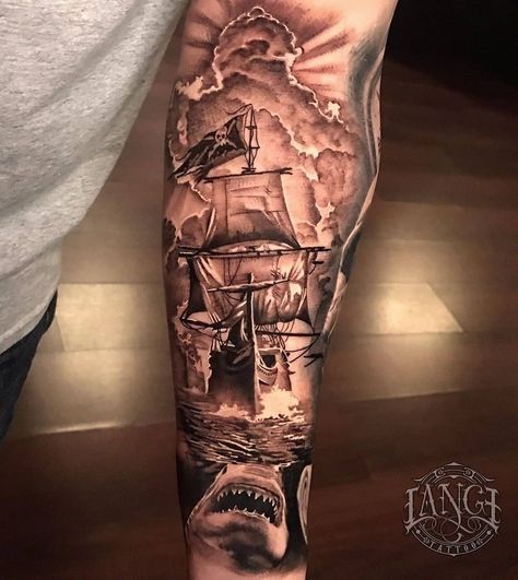 Tattoos Realism, Compass And Map Tattoo, Pirate Ship Tattoo, Map Tattoo, Pirate Tattoo, Tattoos Arm, Map Tattoos, Men Tattoos Arm Sleeve, Men Tattoos