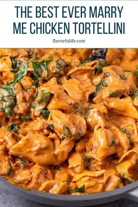 Whip up a healthy, easy meal with this marry me chicken creamy tuscan tortellini recipe. Cooked in a single skillet, this dish blends sun-dried tomatoes and fresh spinach into a delightful balanced, crowd-pleasing meal. Tortellini Sundried Tomatoes Spinach, Rotisserie Chicken And Tortellini Recipes, Spicy Tortellini Pasta, Tortellini Spinach Recipes, Sundried Tomato Tortellini, Tortellini Recipes With Chicken, Balanced Dinner Ideas, Chicken And Tortellini Recipes, Tuscan Chicken Tortellini