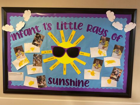 Summer Bulletin Boards For Daycare Infant, August Infant Bulletin Board, Sun Bulletin Board Preschool, Infant Weather Activities, Classroom Bulletin Boards Daycare, Naeyc Infant Classroom, Spring Infant Classroom Door, Daycare Welcome Board Ideas, Infant Board Ideas Classroom