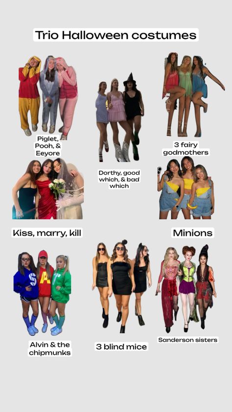 Trio Halloween costume #costume #halloweencostume #triocostumes #trio #fyp #foryou #viral #halloweenaesthetic #halloweeninspo #fall #blowup #blowupmyphone Minion Kiss, Trio Halloween Costume, Trio Costumes, Cute Group Halloween Costumes, Trio Halloween Costumes, Pretty Halloween Costumes, Duo Halloween Costumes, Sanderson Sisters, Group Halloween Costumes