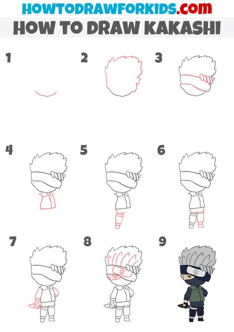 Draw Anime Characters Step By Step, Kakashi Drawing Easy Step By Step, Drawing Cartoon Faces Step By Step, How To Draw Kakashi Step By Step, Kakashi Doodle, How To Draw Kakashi, Manga Beginner, Anime Drawings Tutorials Step By Step, Draw Kakashi