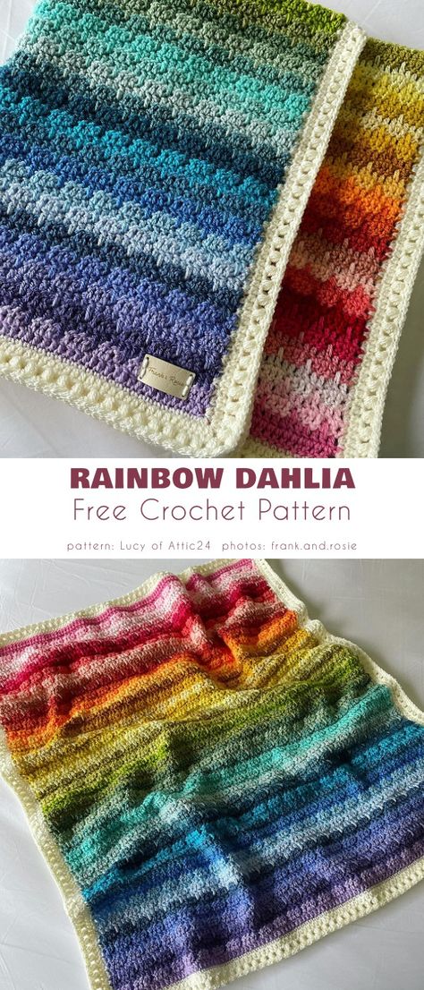 Dahlia Blanket Project Ideas and Free Pattern Crochet Blanket Rainbow, Striped Crochet Blanket, Crochet Baby Blanket Free Pattern, Afghans Crochet, Fall Crochet Patterns, Crochet Afghan Patterns Free, Crochet Tips, Crochet Market Bag, Rainbow Crochet