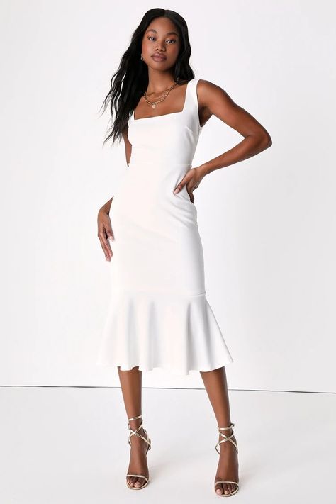 Moment Maker White Square Neck Trumpet Midi Dress | Lulus White Bridal Shower Dress, White Bridal Shower, Bridal Shower Dress, Shower Dresses, White Bridal, Square Neck, Bridal Shower, White Dress, Midi Dress