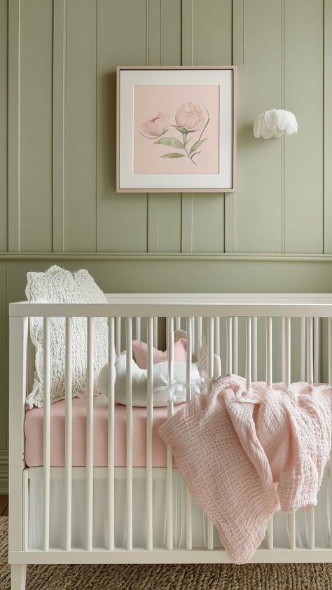 A soft green nursery with a white crib, pink bedding, and gentle decor for a serene and nurturing feel. Soft Green Nursery, Green Nursery Ideas, Serene Nursery, Pink And Green Nursery, Pink Accent Walls, Nursery Decor Green, Nursery Accent Wall, White Crib, Bunny Nursery