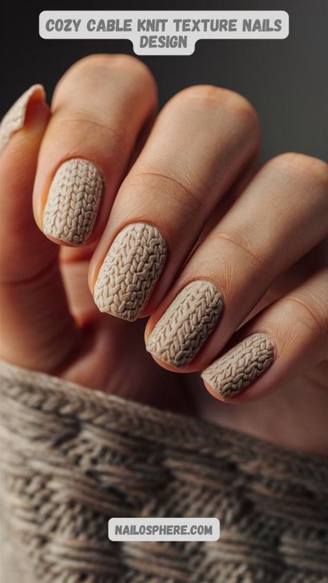 Wrap your nails in warmth with this cozy cable knit texture design, perfect for the chilly months. These nails feature a detailed 3D effect that mimics the look and feel of a soft, knitted sweater, creating a unique and tactile manicure that’s both stylish and comforting. The neutral beige tone adds to the cozy vibe, making this design versatile and easy to pair with any outfit. Nails Sweater Design, Cable Knit Nails, Knit Nails, Texture Nails, Spice Nails, Orange Ombre Nails, Fall Nail Art Ideas, Olive Nails, Magic Nails