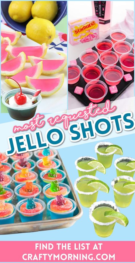 10+ Jello Shot Recipe Favorites- best alcoholic jello shot flavors list! So fun for summer, bbqs, parties, etc! All different fun jello shot ideas to try. Easy recipes to follow. Birthday Jello Shots, Summer Jello Shots, Tequila Jello Shots, Rum Jello Shots, Watermelon Jello Shots, Margarita Jello Shots, Margarita Jello, Shots Alcohol Recipes, Jello Shooters