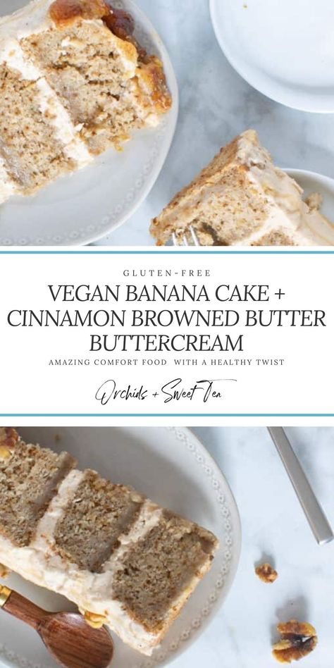 Vegan Banana Cake, Gluten Free Banana Cake, Maple Buttercream, Cake Cinnamon, Butter Cinnamon, Vegan Baking Recipes, Banana Cake Recipe, Vegan Cake Recipes, Gluten Free Desserts Recipes