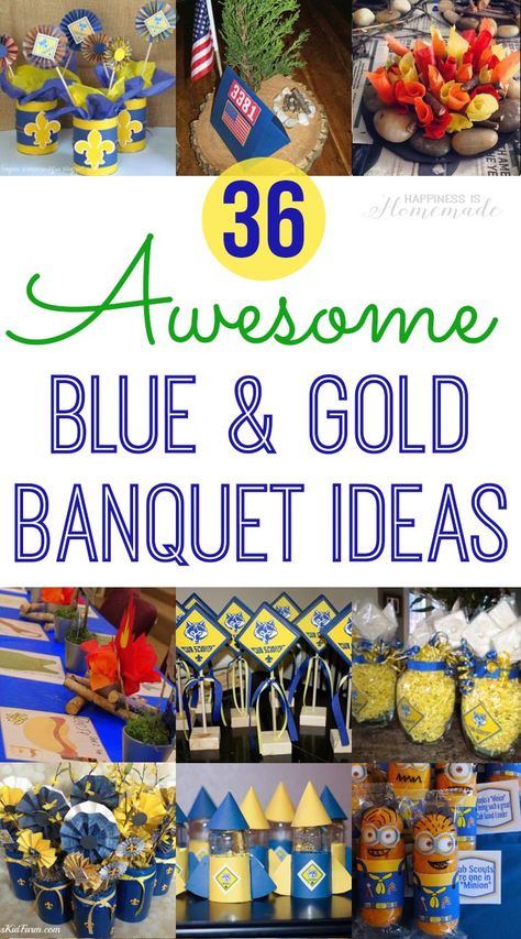 36 Cub Scout Blue and Gold Banquet Party Ideas - Tons of awesome ideas for planning your Cub Scout Blue & Gold Banquet - printables, centerpieces, favors, invitations, cakes and lots more! Cub Scout Blue And Gold Centerpieces, Blue And Gold Ceremony, Cub Scout Law, Cub Scout Skits, Blue And Gold Banquet Ideas, Cub Scout Popcorn, Boy Scout Cake, Cub Scout Games, Cub Scout Cake