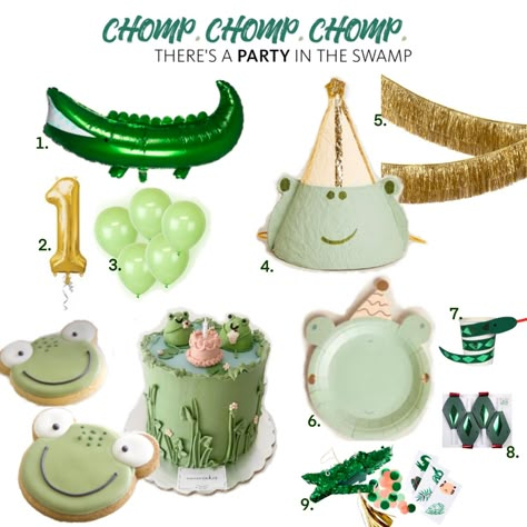 1st Birthday Frog Reptile Theme Frog Prince Party, Frog Birthday Party Decorations, Frog Birthday Ideas, Crocodile Themed Birthday Party, Frog Themed Birthday Party Decorations, Shrek Frog Balloon, Frog Birthday Party Ideas, Frog And Toad Birthday Party, Frog First Birthday Party