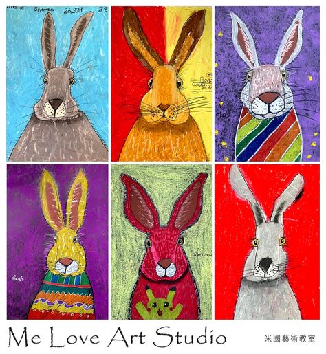 Me Love Art Studio《米國藝術》: Rabbit 3rd Grade Art Lessons Spring, Easter Oil Pastel Art, Easter Art For Elementary Students, Rabbit Art Lesson, Easter Art Lessons, Easter Artwork, Bunny Art Projects, Kids Painting Projects, Easter Art Project