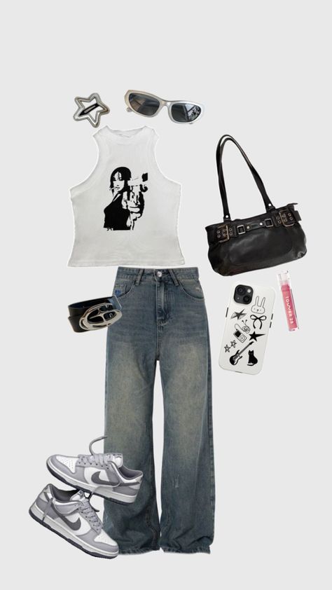 Aesthetic acubi outfit graphic tank top cyber grunge y2k baggy faded jeans dunks silver Coquette Jeans, Acubi Grunge, Acubi Outfit, Y2k Acubi, Grunge Coquette, Faded Jeans, Y2k Baggy, Grunge Y2k, Baggy Jeans