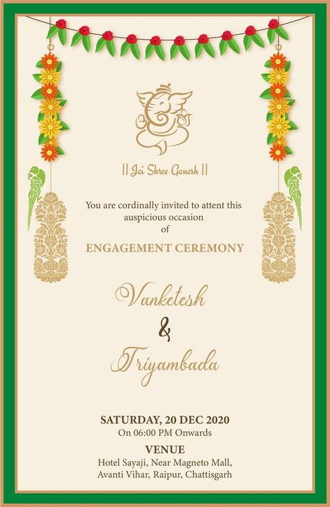 Hindu Engagement Function | Engagement invitation card design, Engagement invitation cards, Engagement invitations Indian Wedding Invitation Card Design Templates, Indian Engagement Invitation Template, Engagement Invitation Cards Indian, Engagement Ceremony Invitation Card, Invitation Card Design Wedding, Hindu Engagement, Engagement Invitation Card Design, Wedding Cards Design, Wedding Card Maker