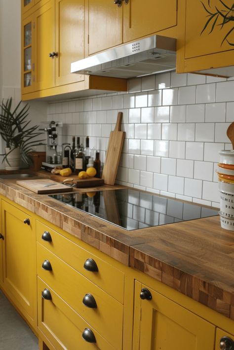 Elevate Your Home with 23  Inspiring Yellow Kitchen Ideas Yellow Kitchen Tiles, Yellow Kitchen Ideas, Kitchen With Butcher Block, Yellow Kitchens, Butcher Block Countertops Kitchen, Furniture Color Schemes, White Upper Cabinets, Yellow Cabinets, White Tile Backsplash