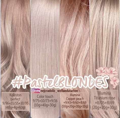 Platinum Champagne Blonde, Mink Blonde Hair, Swartzkopf Hair Color Formula, Pink Toner For Blonde Hair, Color Touch Toner Formulas, Wella Blonde Formula, Blonde Hair Color Ideas For Fair Skin, Hair Toner Colors, Pink Hair Toner