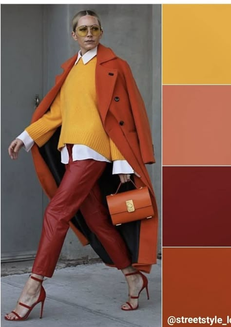 Colour Combinations Fashion, Orange Coat, Color Combos Outfit, Color Blocking Outfits, Color Combinations For Clothes, Orange Outfit, Fall Color Palette, Red Pants, Yellow Sweater