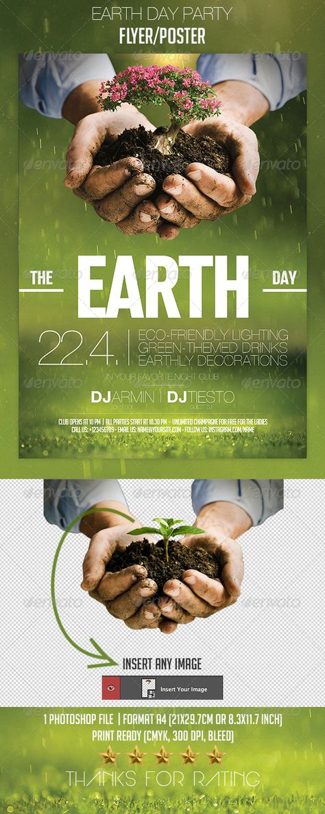 Earth Day Party Flyer/Poster. Fully editable professional template for a holiday flyer. #FlyerTemplate #flyer #holiday #GraphicTemplate #design #PrintDesign #a4 #bleed #celebration #club #crop #dirt #earth #EarthDay #eco #elegant #grass #green #ground #hands #invitation #minimalistic #nature #night #party #print #rain #simple #trees #trim #water #white Earth Day Party, Day Party Flyer, Holiday Event Decor, Holiday Flyer Template, Green Ground, Themed Drinks, Flyer Ideas, Event Poster Design, Tree Images