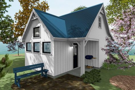 This 500 square foot design is a great example of a smart-sized one bedroom home plan. Build this model in a pocket neighborhood or as a backyard ADU as the perfect retirement home. A generous kitchen space has room for full-size appliances, including a dishwasher. The sink peninsula connects the living area with bar-top seating.  A back porch is located off of the vaulted living area with a tall window wall offering lots of light.  The big bedroom with lots of furniture space features Backyard Adu, Big Bedroom, Pocket Neighborhood, Foot Design, Retirement Home, Home Plan, Window Wall, Back Porch, Kitchen Space