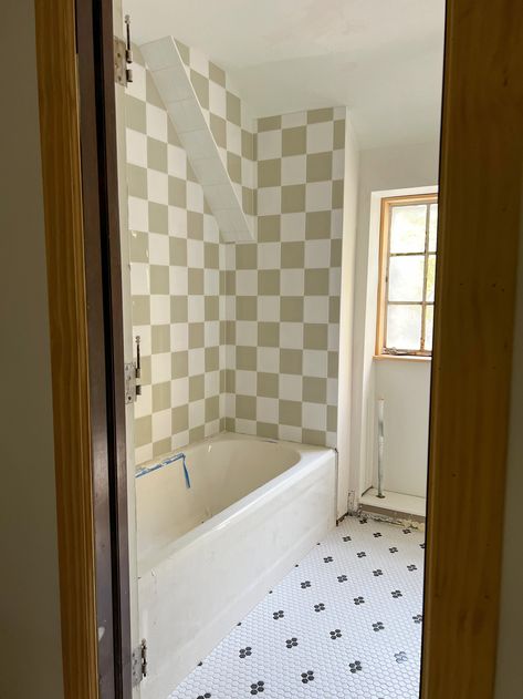 Checker Shower Tile, Checkered Tile Bathroom Wall, Check Tiles Bathroom, Checkered Shower Tile, Checker Bathroom, Checkered Tile Bathroom, River Bathroom, Checkered Bathroom, Bathroom Feature Wall