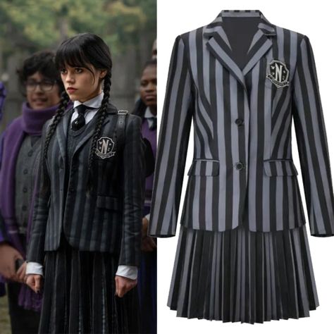 ✨Unleash your inner goth with this Wednesday Addams costume. This authentic set includes everything you need to channel the iconic character - a uniform, vest, shirt, tie, and long skirt. The costume is made from high-quality materials designed to last so that you can wear it repeatedly. The uniform features a classic "Nevermore Academy" design with a front button closure, while the vest adds texture and depth to the overall look. Addams Family Halloween Costumes, Wednesday Addams Outfit, Wednesday Addams Cosplay, Wednesday Costume, Wednesday Addams Costume, Academy Uniforms, Wednesday Dress, Family Cosplay, Addams Family Costumes