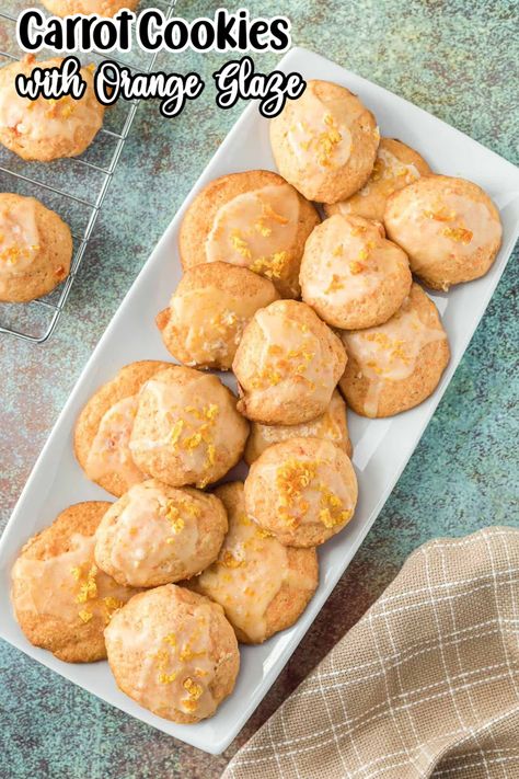 Overhead view of Carrot Cookies with Orange Glaze on a white platter. Carrot Cookies Recipe, Mashed Carrots, Sugar Foods, Finger Desserts, No Bake Cherry Cheesecake, Orange Icing, Carrot Cookies, Festive Recipes, Orange Glaze