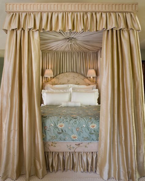 canopy bed designed by Jane Antonacci.  I like the coziness, but not these fabrics and linens... Canopy Bed Drapes, French Beds, Bedskirts, Tent Room, Bed Drapes, Customised Bed, Bed Crown, French Bed, Gorgeous Bedrooms