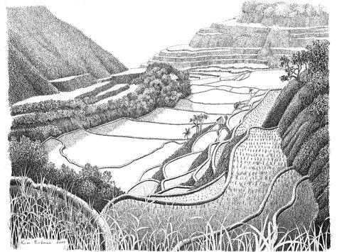 Rice Terraces Drawing, Banaue Rice Terraces, Banaue, Rice Terraces, Drawings Simple, Drawing Easy, Sketch Drawing, Art Drawings Simple, Drawing Sketches