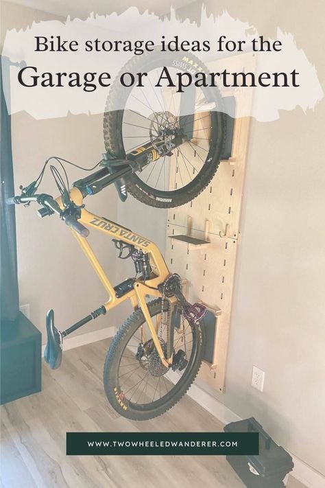 Declutter your garage or apartment with these bike storage ideas including ceiling bike racks, bike stands, vertical hanging racks, and more Bike Storage Small Space, Vertical Bike Stand, Bike Wall Storage, Standing Bike Rack, Bike Storage Ideas, Hanging Bike Rack, Bike Stands, Vertical Bike Storage, Diy Bike Rack