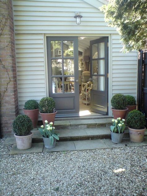 Grey French Doors With Box Plants And Tulips - Image By Alison Dodds Front Door Steps, Grey Patio, Patio Steps, Gravel Patio, French Doors Exterior, French Doors Patio, Door Steps, Patio Plants, Casa Exterior