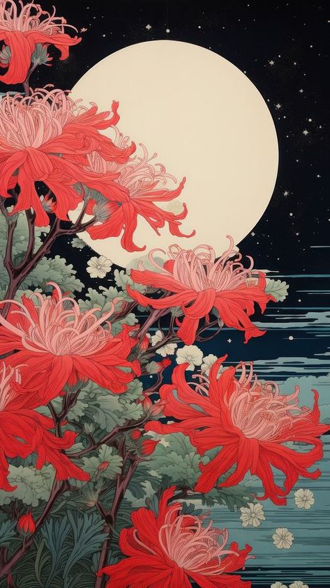 Traditional japanese wood block print illustration of isolated red spider lily againts night sky flower outdoors nature. | premium image by rawpixel.com / Ling Wallpaper Japanese, Japanese Block Print, Wood Block Print, Lily Wallpaper, Red Spider Lily, Spider Lily, Red Spider, Japanese Drawings, Japanese Art Prints