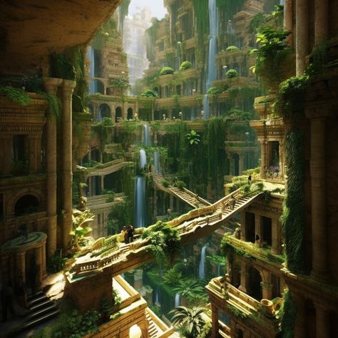 Hanging Gardens Of Babylon, Gardens Of Babylon, Hanging Gardens, Fantasy City, Fantasy Setting, Fantasy Places, Futuristic City, Fantasy Art Landscapes, Hanging Garden