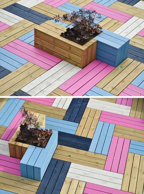 Deck Design Ideas - This Rooftop Deck Received A Colorful Modern Makeover For Its Wood Bench Seating And Planters Wood Bench Seat, Yard Benches, Deck Flooring, Rooftop Design, Easy Landscaping, Rooftop Deck, Sky Garden, Roof Deck, Wood Deck