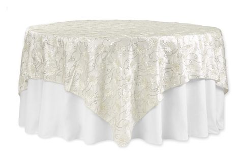 Flower on Sequin Taffeta Table Overlay 90"x90" - Ivory Lace Tablecloths, Sequin Table, Table Overlays, Flower Panels, Banquet Party, Lace Table, Lace Tablecloth, Blue Table, Wedding Linens