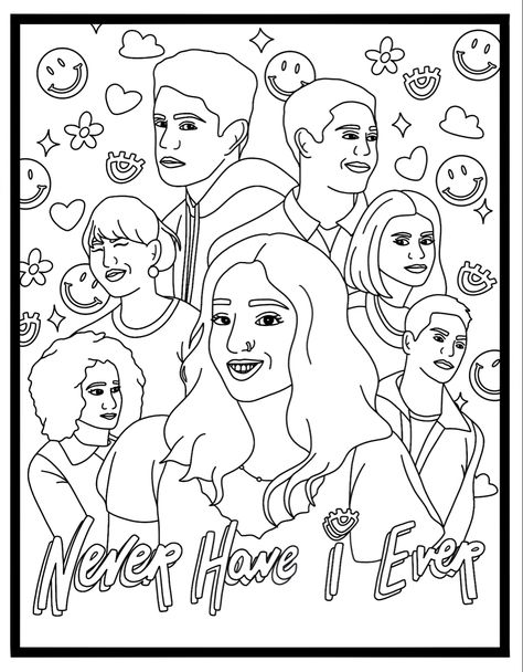 A custom coloring page inspired by the Netflix tv show Never Have I Ever Netflix Coloring Pages, Never Have I Ever Illustration, Friends Tv Show Coloring Pages, Devis Room Never Have I Ever, Friends Coloring Pages Tv Show, Netflix Tv Shows, Never Have I Ever, Bullet Journal Design Ideas, Aesthetic Movies