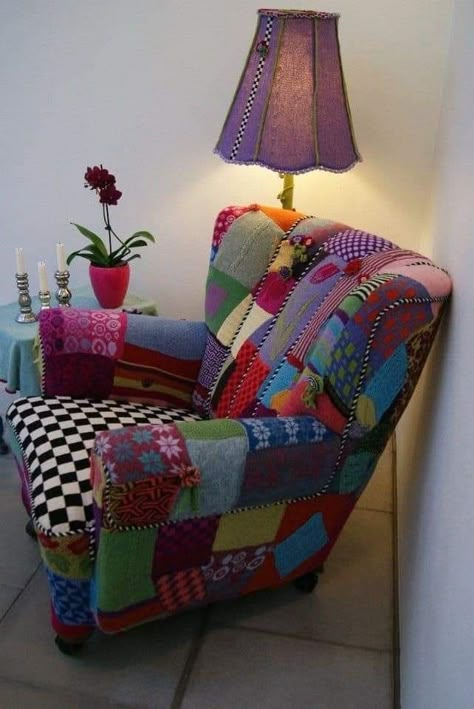 Patchwork Upholstered Chairs, Patchwork Sofa Diy, Patchwork Chair Upholstery, Patchwork Chair Diy, Upcycled Armchair, Patchwork Chairs, Funky Sofa, Patchwork Armchair, Patchwork Upholstery