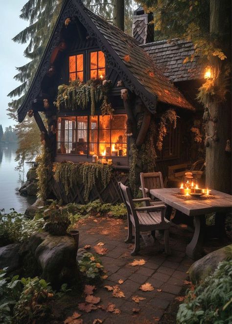 COZY 🏡 | 🧡🏠🍃🍂✨ Autumn House Exterior, Cottage In The Woods Aesthetic, Cozy Cottage In The Woods, Houses In The Woods, Autumn Cabin, Unusual Home, Casa Vintage, Cottage In The Woods, Dream Cottage