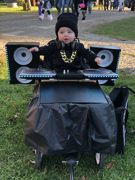 DJ Halloween Costume Family Costumes With Stroller, Costumes With Strollers, Stroller Halloween Costumes For Boys, Diy Wagon Halloween Costume, Baby Wagon Halloween Costume, Halloween Costumes With Wagon, Wagon Halloween Ideas, Wagon Costume Ideas, Stroller Halloween Costumes