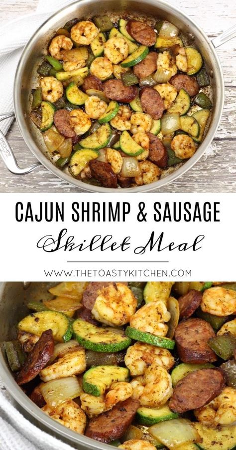 Cajun Shrimp and Sausage Skillet Meal Shrimp And Sausage Skillet, Lowcarb Meals, Cajun Shrimp And Sausage, Squash Dinner, Sausage Skillet, Shrimp And Sausage, Cajun Sausage, Shrimp Sausage, Cajun Shrimp