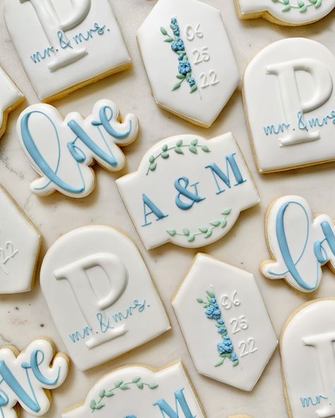 Wedding Cookies Dusty Blue, Something Blue Shower Cookies, Blue Wedding Cookies Decorated, Blue And White Wedding Cookies, Dusty Blue Wedding Cookies, Something Blue Before I Do Cookies, Blue Wedding Cookies, Blue And White Cookies, Beach Wedding Cookies