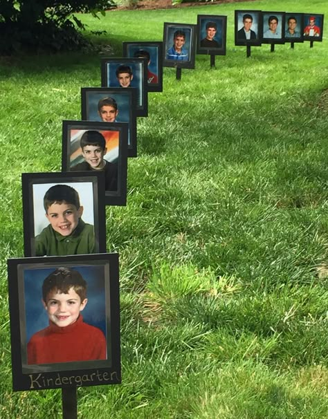 School pics line the path to graduation party! Walk Through The Years Graduation, Graduation Party Sign Ideas, Walk Down Memory Lane Party Ideas, Walk Down Memory Lane Graduation, Graduation Memory Ideas, Graduation Party Ideas For Boys Senior, Park Graduation Party Ideas, Elementary School Graduation, Preschool Graduation Party