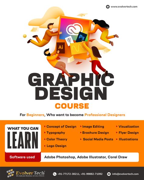 Are you a beginner in graphics designing and looking for a career in designing? Here you can take the Most Accurate And Industry Based Training Program For Graphic Designing.⁣ ⁣ Contact us Now⁣ EvolverTech IT Company⁣ Call us: +91 99882-71092, +91 77172-38211⁣ Visit us: www.evolvertech.com⁣ Email us: info@evolvertech.com⁣ ⁣ #learnphotoshop #photoshoptutorial #adobecertifiedtraining #adobecertified #adobelife #adobemax #onlinetrainer #adobelover #photoshoptrainingchannel #experiencedesign #graphi Online Course Brochure Design, Graphic Design Course Poster, Typography Brochure, Online Graphic Design Course, Logo Design Software, Class Poster, Software House, Graphic Design Course, Graphic Design Flyer