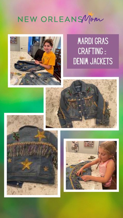 Mardi Gras Jean Jacket, Mardi Gras Attire, Fabric Websites, Diy Denim Jacket, Mardi Gras Outfits, Craft Station, Diy Jacket, Sequin Appliques, Second Hand Stores